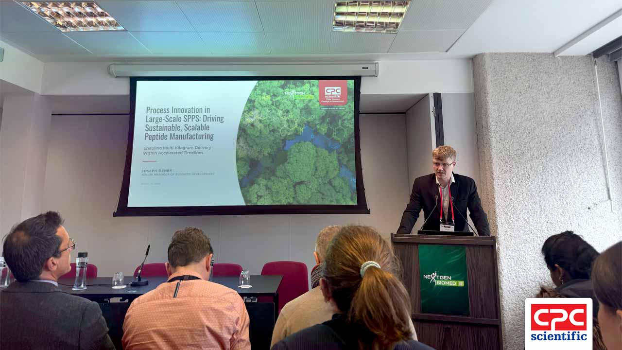 Joseph Denby delivers case study at NextGen Biomed 2026, sharing a case study on how CPC Scientific's SPPS process innovations are driving greener, more efficient peptide manufacturing at scale
