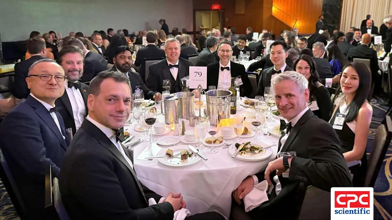 Shawn Lee, Theresa Cheng, and Tim Nieters at the 98th DCAT Annual Dinner 2026, higlighting CPC Scientific's peptide and oligonucleotide CDMO capabilities across NCE and generic API scale-up, commercial GMP peptide and oligonucleotide manufacturing, and more