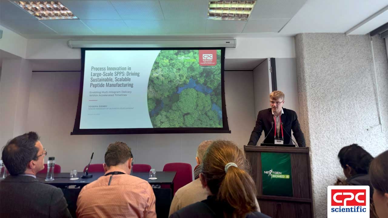 Joseph Denby delivers case study at NextGen Biomed 2026, sharing a case study on how CPC Scientific's SPPS process innovations are driving greener, more efficient peptide manufacturing at scale